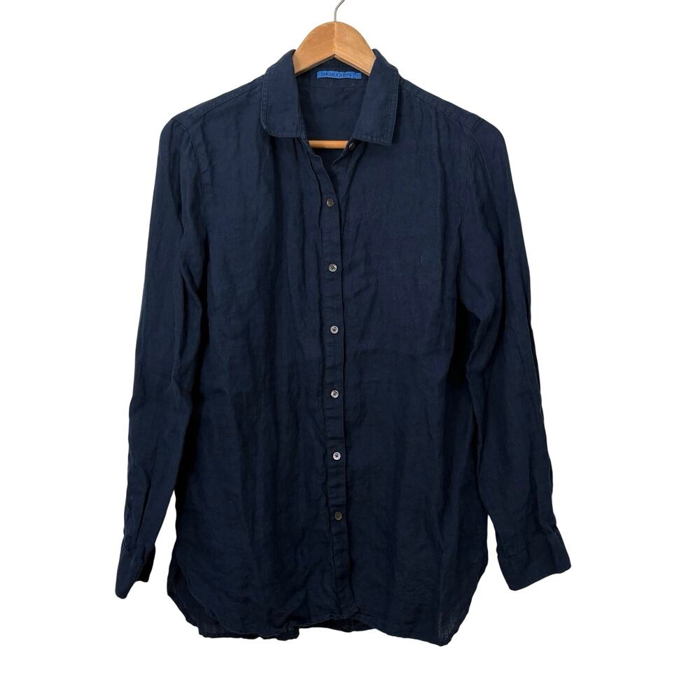 J. McLaughlin 100% Linen Navy Button Down Shirt Womens Large Minimalist Coastal